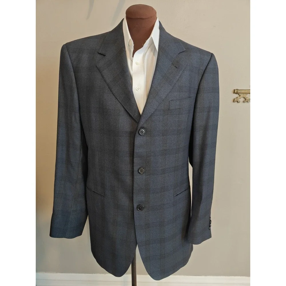 Zaharoff Mens Wool Sports Coat 42L Blue Plaid Canada 3 Button Nordstrom Blazer
